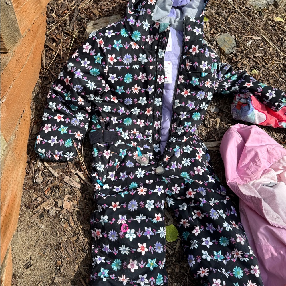 Obermeyer Girls Black Floral Puffer Snowsuit with Purple Lining